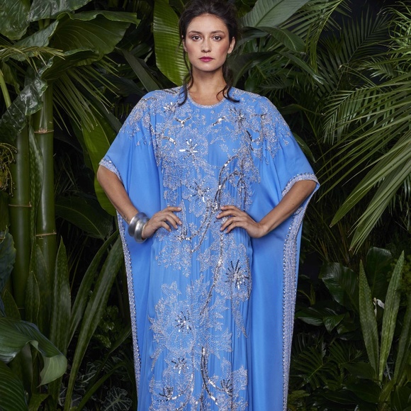 Naeem Khan Dresses & Skirts - Naeem Khan Blue Silver Beaded Silk Kaftan Dress